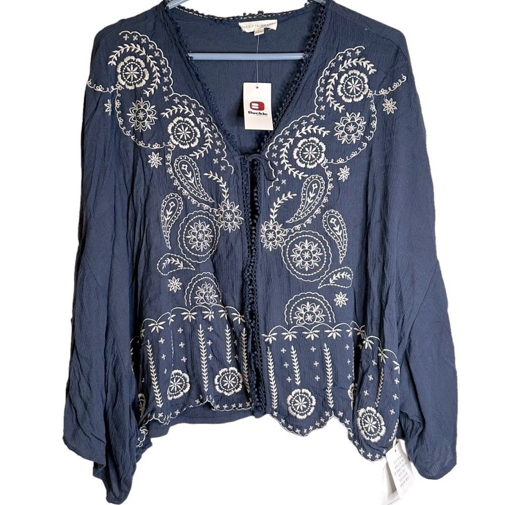 Coco + Jaimeson Embroidered Boho Kimono Top NWT Navy Large Cottagecore Festival